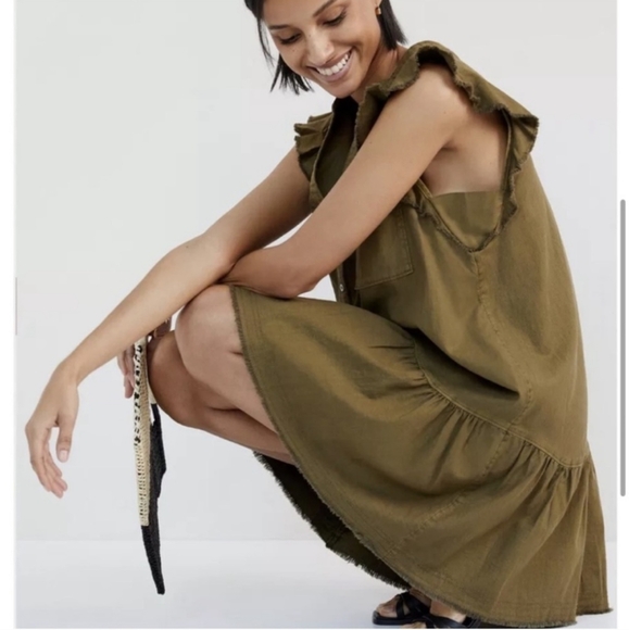 Anthropologie Pilcro Button Down Ruffle Dress in Green - Picture 2 of 15